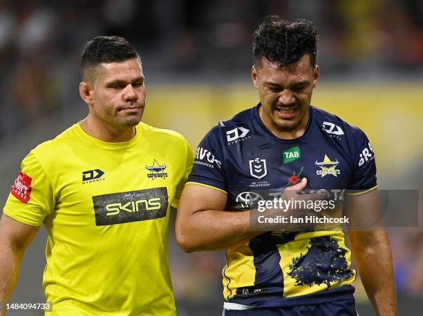 Jeremiah Nanai of the Cowboys comes form the field after being injured during the round eight NRL match between North Queensland Cowboys and...