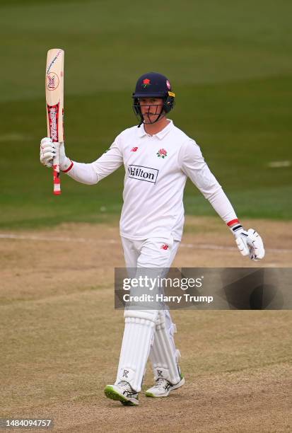 Keaton Jennings of Lancashire celebrates their 150 during Day Three of the LV= Insurance County Championship Division 1 match between Somerset and...