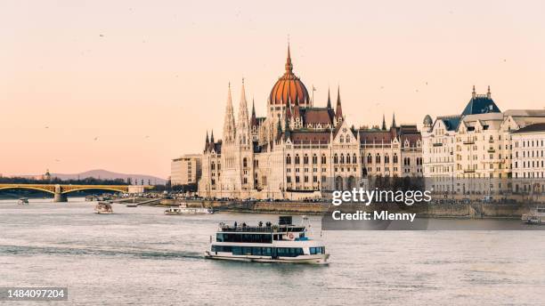 budapest city twilight panorama hungary parliament building danube river - river danube stock pictures, royalty-free photos & images