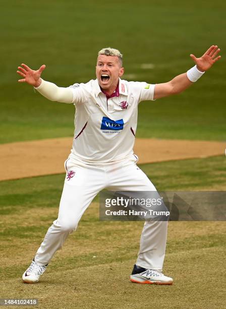 Peter Siddle of Somerset unsuccessfully appeals for the LBW of Keaton Jennings of Lancashire during Day Three of the LV= Insurance County...
