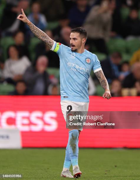 Jamie Maclaren of Melbourne City celebrates after scoring a goal during the round 25 A-League Men's match between Western United and Melbourne City...
