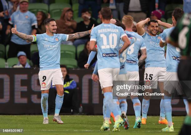 Jamie Maclaren of Melbourne City celebrates after scoring a goal during the round 25 A-League Men's match between Western United and Melbourne City...