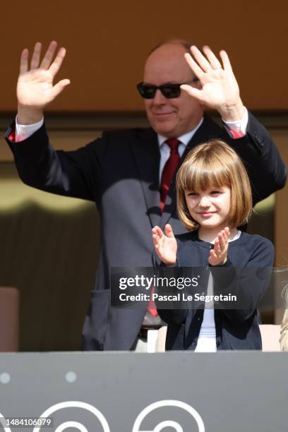 Princess Gabriella of Monaco and Prince Albert II of Monaco attend the Sainte Devote Rugby Tournament In Monaco on April 22, 2023 in Monaco, Monaco.