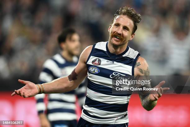 Zach Tuohy of the Cats celebrates kicking a goal during the round six AFL match between Geelong Cats and Sydney Swans at GMHBA Stadium, on April 22...