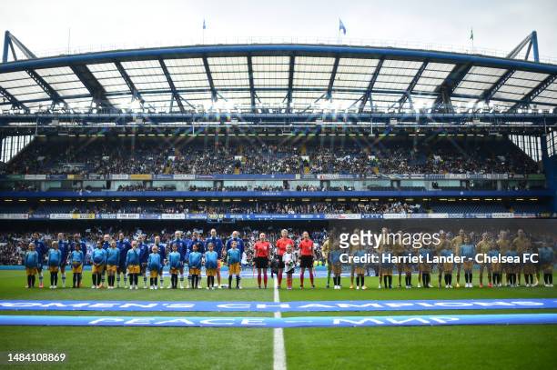 General view inside the stadium as the teams line up prior to the UEFA Women's Champions League semifinal 1st leg match between Chelsea FC and FC...