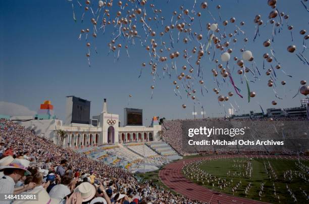 High-angle view showing balloons being released during the opening ceremony of the 1984 Summer Olympics, as seen from the upper tier of the Los...