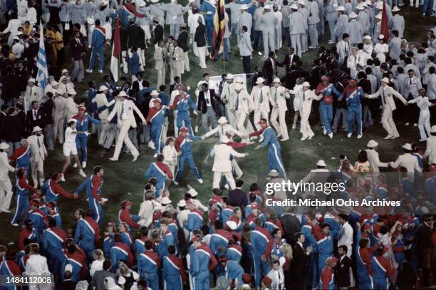 Athletes participating in the opening ceremony of the 1984 Summer Olympics, held at the Los Angeles Memorial Coliseum in Los Angeles, California,...