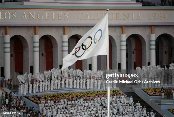 The Olympic Flag during the closing ceremony of the 1984 Summer Olympics, held at the Los Angeles Memorial Coliseum in Los Angeles, California, 28th...