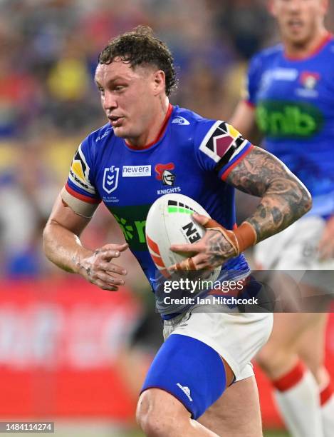 Kurt Mann of the Knights runs the ball during the round eight NRL match between North Queensland Cowboys and Newcastle Knights at Qld Country Bank...