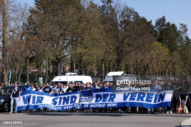 Hertha Berlin fans arrive at the stadium prior to the Bundesliga match between Hertha BSC and SV Werder Bremen at Olympiastadion on April 22, 2023 in...