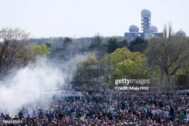 Fans arrive at the stadium prior to the Bundesliga match between Hertha BSC and SV Werder Bremen at Olympiastadion on April 22, 2023 in Berlin,...