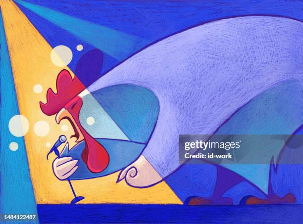 rooster holding microphone and singing - wake up funny stock illustrations