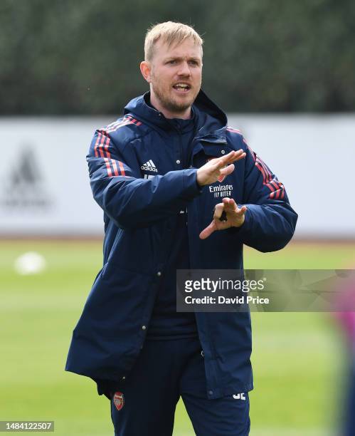 Arsenal Women's Head Coach Jonas Eidevall during the Arsenal Women's training session at London Colney on April 22, 2023 in St Albans, England.