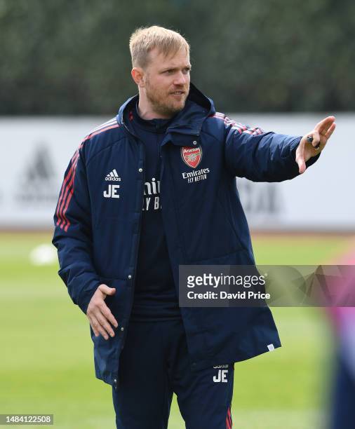 Arsenal Women's Head Coach Jonas Eidevall during the Arsenal Women's training session at London Colney on April 22, 2023 in St Albans, England.