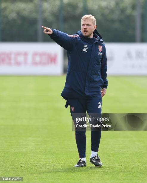 Jonas Eidevall the Arsenal Women's Head Coach during the Arsenal Women's training session at London Colney on April 22, 2023 in St Albans, England.