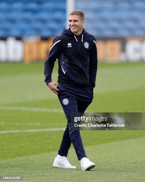 Owen Dodgson of Rochdale inspects the pitch prior to the Sky Bet League Two between Stockport County and Rochdale at Edgeley Park on April 22, 2023...