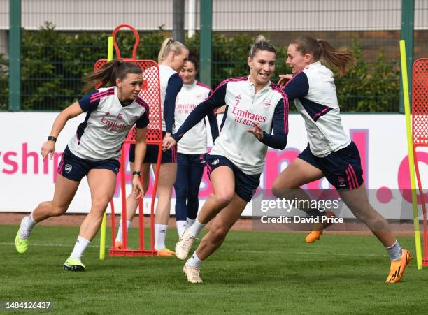 Steph Catley of Arsenal during the Arsenal Women's training session at London Colney on April 22, 2023 in St Albans, England.