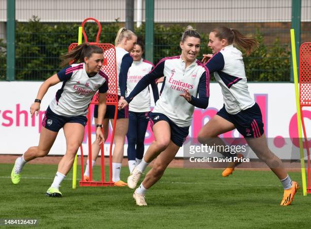 Steph Catley of Arsenal during the Arsenal Women's training session at London Colney on April 22, 2023 in St Albans, England.