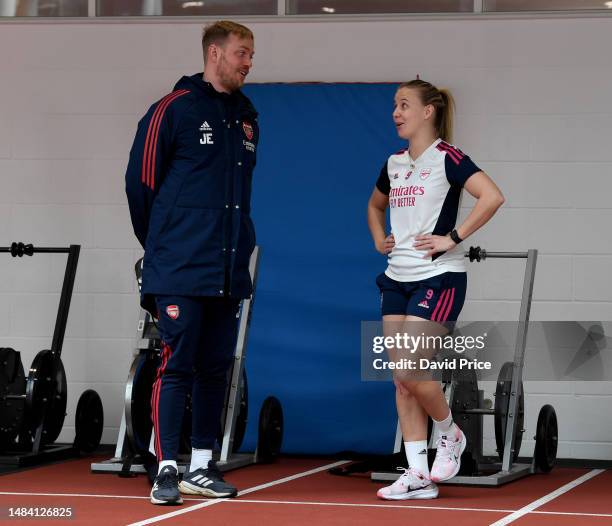 Arsenal Women's Head Coach Jonas Eidevall chats to Beth Mead during the Arsenal Women's training session at London Colney on April 22, 2023 in St...