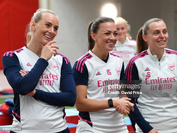 Stina Blackstenius, Katie McCabe and Noelle Maritz of Arsenal during the Arsenal Women's training session at London Colney on April 22, 2023 in St...