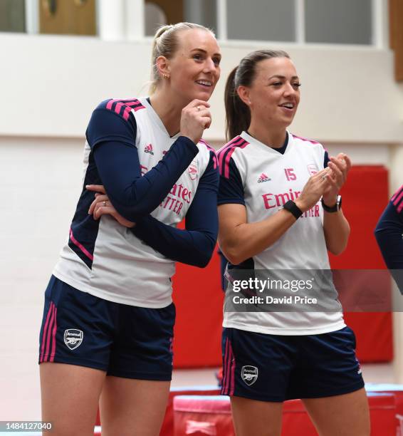 Stina Blackstenius and Katie McCabe of Arsenal during the Arsenal Women's training session at London Colney on April 22, 2023 in St Albans, England.