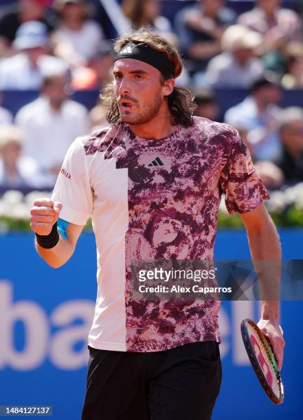 Stefanos Tsitsipas of Greece celebrates against Lorenzo Musetti of Italy during the semi-final match on day six of the Barcelona Open Banc Sabadell...