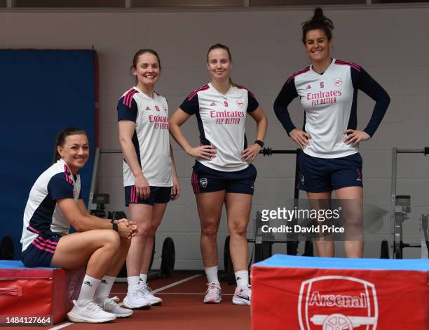 Katie McCabe, Kim Little, Beth Mead and Jennifer Beattie of Arsenal during the Arsenal Women's training session at London Colney on April 22, 2023 in...