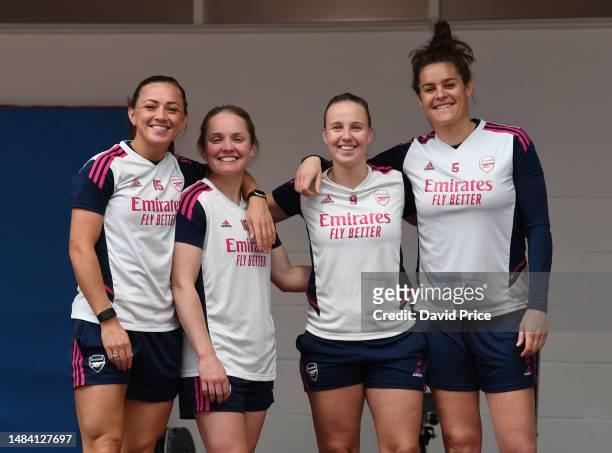 Katie McCabe, Kim Little, Beth Mead and Jennifer Beattie of Arsenal during the Arsenal Women's training session at London Colney on April 22, 2023 in...