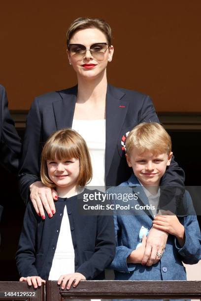 Princess Charlene of Monaco, Princess Gabriella of Monaco and Prince Jacques of Monaco attend the Sainte Devote Rugby Tournament on April 22, 2023 in...