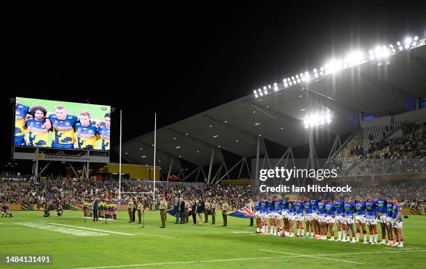 Day commemorations are seen prior to the round eight NRL match between North Queensland Cowboys and Newcastle Knights at Qld Country Bank Stadium on...