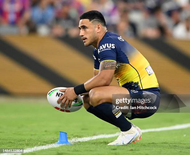 Valentine Holmes of the Cowboys prepares to kick off during the round eight NRL match between North Queensland Cowboys and Newcastle Knights at Qld...