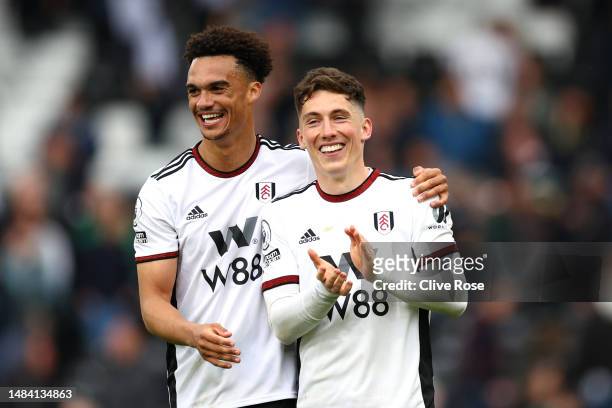 Antonee Robinson and Harry Wilson of Fulham celebrate following the Premier League match between Fulham FC and Leeds United at Craven Cottage on...