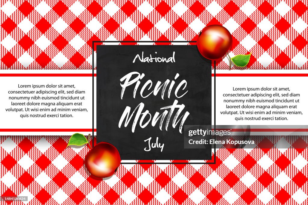 Summer outdoor recreation concept in cartoon style. Picnic month. Apples on a calico plaid with a slate board and space for text.