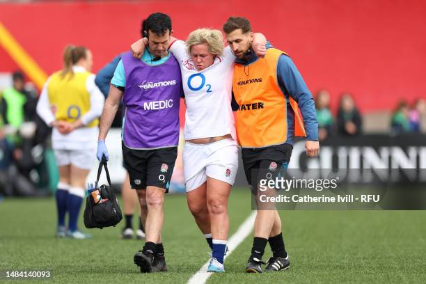 Marlie Packer of England receives medical treatment and is substituted off during the TikTok Women's Six Nations match between Ireland and England at...
