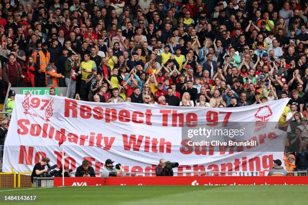 Banner demonstrating solidarity with the victims of the Hillsborough disaster of 1989 is held by Nottingham Forest fans prior to the Premier League...