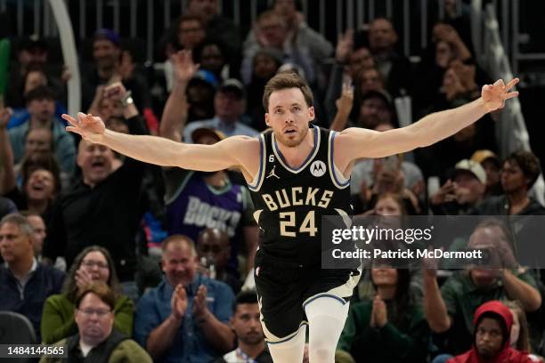 Pat Connaughton of the Milwaukee Bucks reacts during the second half of Game Two of the Eastern Conference First Round Playoffs against the Miami...