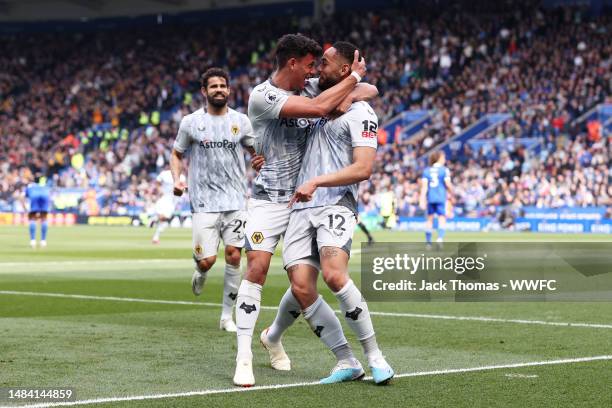 Matheus Cunha of Wolverhampton Wanderers celebrates after scoring the team's first goal during the Premier League match between Leicester City and...