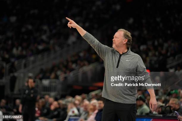 Head coach Mike Budenholzer of the Milwaukee Bucks reacts during the first half of Game Two of the Eastern Conference First Round Playoffs against...