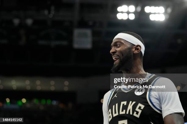 Bobby Portis of the Milwaukee Bucks reacts during the second half of Game Two of the Eastern Conference First Round Playoffs against the Miami Heat...