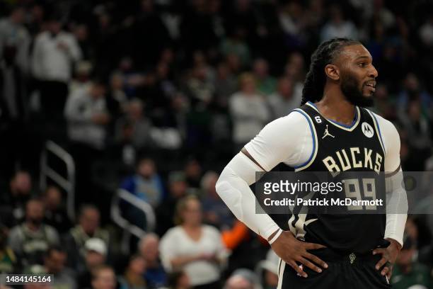 Jae Crowder of the Milwaukee Bucks in action against the Miami Heat during the second half of Game Two of the Eastern Conference First Round Playoffs...