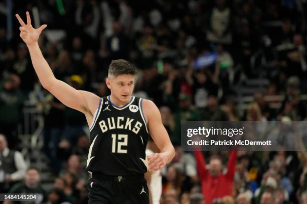 Grayson Allen of the Milwaukee Bucks reacts during the second half of Game Two of the Eastern Conference First Round Playoffs against the Miami Heat...