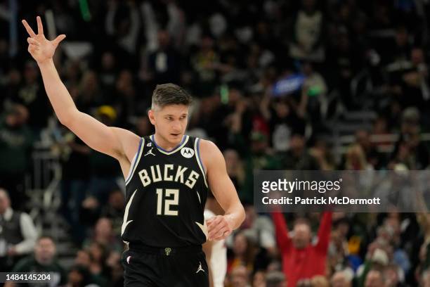 Grayson Allen of the Milwaukee Bucks reacts during the second half of Game Two of the Eastern Conference First Round Playoffs against the Miami Heat...