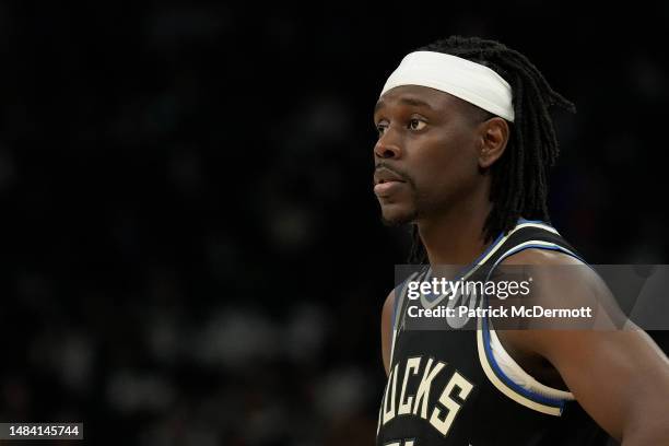 Jrue Holiday of the Milwaukee Bucks looks on against the Miami Heat during the second half of Game Two of the Eastern Conference First Round Playoffs...