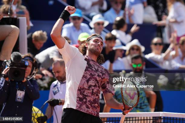 Stefanos Tsitsipas of Greece celebrates after defeating Lorenzo Musetti of Italy in the semi-final match on day six of the Barcelona Open Banc...