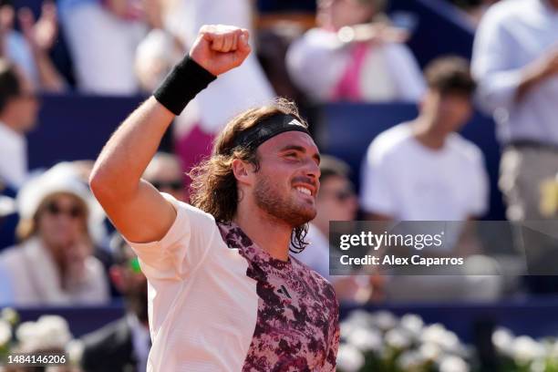 Stefanos Tsitsipas of Greece celebrates after defeating Lorenzo Musetti of Italy in the semi-final match on day six of the Barcelona Open Banc...