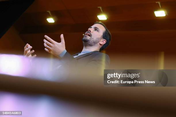 The Minister of Consumer Affairs and general coordinator of IU, Alberto Garzon, speaks during a pre-campaign event in Zaragoza, Aragon, Spain. The...