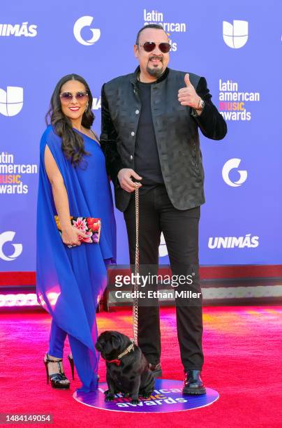 Aneliz Álvarez Alcalá and Pepe Aguilar attend the 2023 Latin American Music Awards with their dog Gordo at MGM Grand Garden Arena on April 20, 2023...