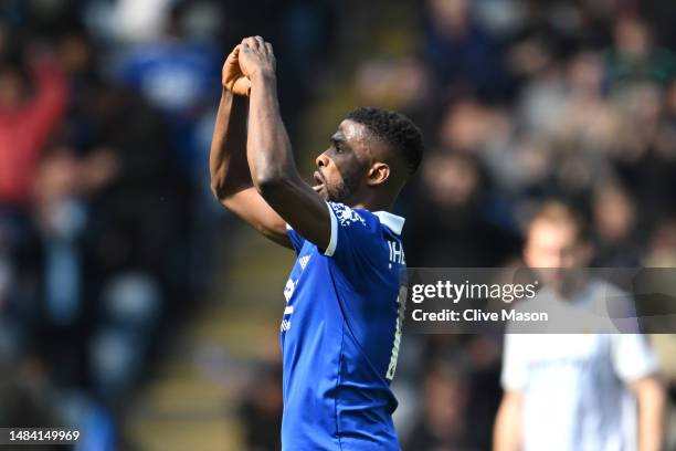 Kelechi Iheanacho of Leicester City celebrates after scoring the team's first goal during the Premier League match between Leicester City and...