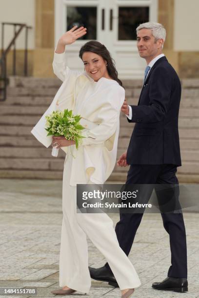 Her Royal Highness Alexandra of Luxembourg & Nicolas Bagory greet the crowd as they leave after their Civil Wedding at Luxembourg City Hall on April...