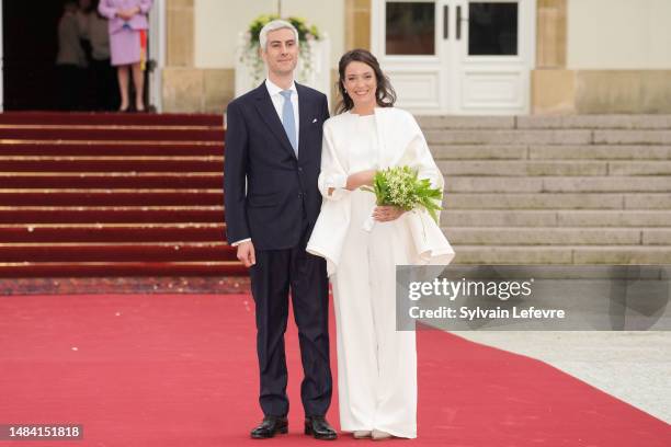 Her Royal Highness Alexandra of Luxembourg & Nicolas Bagory pose as they leave after their Civil Wedding at Luxembourg City Hall on April 22, 2023 in...